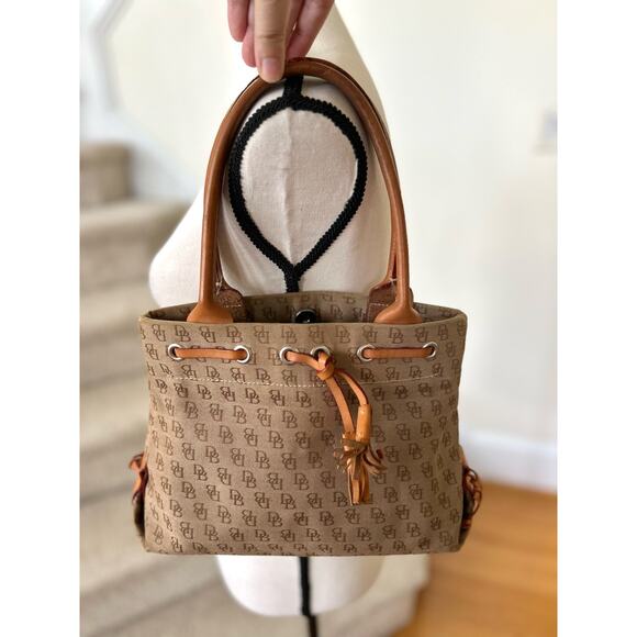 Vintage Dooney & Bourke Signature Monogram Fabric & Tan Leather Shoulder Bag - Picture 1 of 7